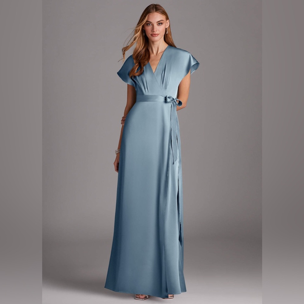Azazie Blue Flutter Sleeve Wrap Dress